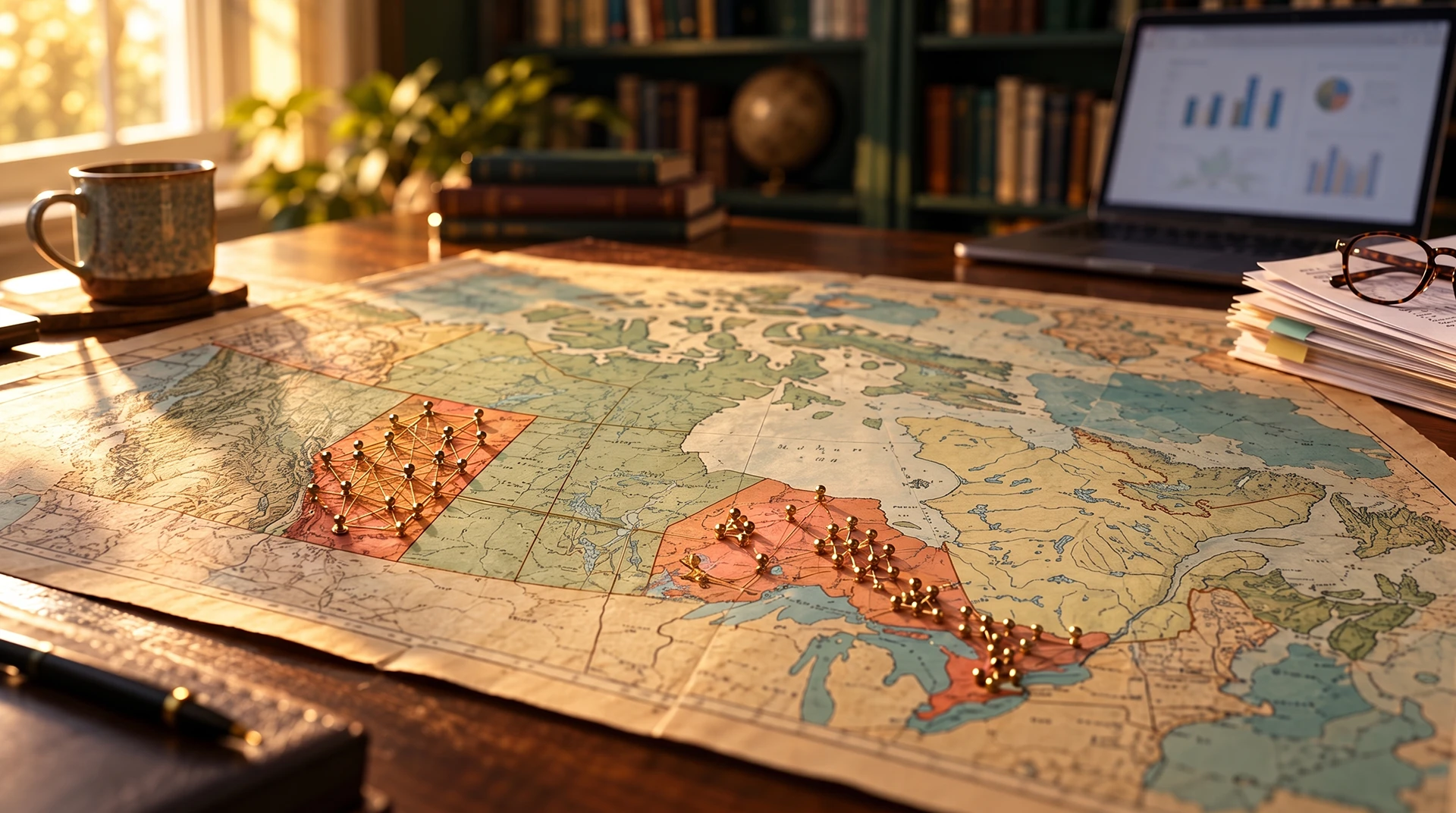 Comparing2Provinces_map A vintage map of Canada on a research desk, with Alberta's pins joined in one tidy network and Ontario's pins in small separate clusters