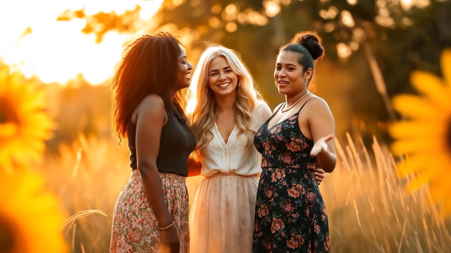 Three women laughing together in a sunlit sunflower field, from the Woman to Woman: Let’s Talk video
